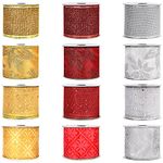 Belle Vous Christmas Ribbon (12 Pack) - 2.74m x 63mm Wide Wired Gold Silver Red Organza Ribbon in Assorted Designs - Decorative Christmas Tree Ribbons for XMAS Christmas Tree Decoration Bows Gift Wrap