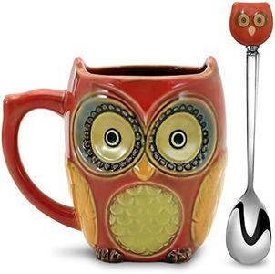 SQOWL 3D Coffee Mug Funny Cute Owl Ceramic Cup Coffee Mug with Spoon Tea Mugs Set for Women and Girls 12 oz Red