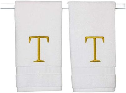 Decorvo Monogrammed Hand Towels for Bathroom - Luxury Hotel Quality Personalized Initial Decorative Embroidered Bath Towel for Powder Room, Spa - GOTS Organic Certified - Set of 2 Gold Letter T