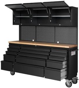 Garvee 72 in Rolling Tool Chest, 15 Drawers Mobile Workbench with 3 Upper Cabinet, Lockable Storage Tool Cabinet with Wheels, Pegboard, Assembled Large Workstation Tool Box for Garage Workshop, Black