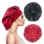 2PCS Large Satin Silk Hair Bonnet for Sleeping,Elastic Wide Band Bonnets for Black Women Braids,Silk Hair Wrap Night Sleep Caps for Women Curly and Natural Hair (Black,Wine Red), Black,wine Red, L