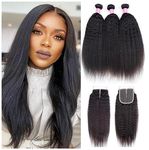 Sexycat Yaki Straight Bundles with Closure Human Hair 18 20 22+16 Inch Kinky Straight Human Hair Extensions Weave 100% Unprocessed Brazilian Virgin Human Hair Bundles with 4x4 Lace Closure