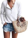 Womens Henley Shirts V Neck Long Sleeve Button Down Tops Warm Waffle Knit Tees, White, X-Large