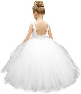 PLWEDDING Robe de demoiselle d'honneur - Tutu - Pageant - Tulle - Princesse - Robe de bal - Robe de bal - Mariage - Robe en satin, Blanc., 10-11 ans