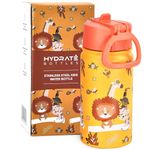 HYDRATE Bottles Stainless Steel Water Bottle Kids - 350ml - Lion Print - Toddler Water Bottle with Straw - Non-Leak Lid - One-Hand Operation Push-Button Cap for School or Field