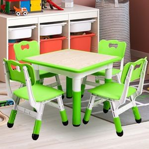 PULLAFUN Kids Table and Chairs Set, Graffiti Desktop Plastic Children Art Table with Seat, Height Adjustable Toddler Table and Chair Set for Kids Ages 3-10