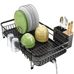 SAYZH Dish Drainer Rack, Expandable(32.5CM-54.6CM) Dish Drying Rack with Utensil Holder Cup Holder, Stainless Steel Dish Drying Rack and Drainboard Set for Kitchen Counter, Black