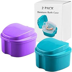 Denture Bath Box Cup, Complete Clean Care for Dentures, Clear Braces, Mouth Guard, Night Guard & Retainers,Traveling (Blue & Purple)