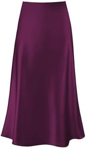 2026 Women's Satin Midi Skirt Elastic High Waisted A Line Spring Summer Flowy Silk Long Skirts for Women Red Violet