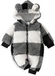 AMAWMW Unisex Newborn Baby Winter Outfit Fleece Check Hooded Jumpsuit Infant One Piece Romper Baby Snowsuit Baby Gifts Stuff