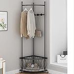 FLRH Corner Hall Tree, Metal Corner Coat Rack with Storage Basket, Freestanding Clothes Rack Organizer for Entryway, Living Room, Bedroom, Home, Office (Black)