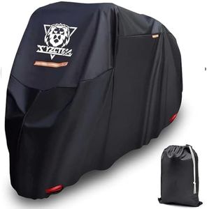 XYZCTEM Motorcycle Cover -Waterproof Outdoor Storage BagMade of Heavy Duty Oxford Material Fits up to 116 inch Harley Davison and All Motors(Black& Lockholes& Professional Windproof Strap)