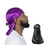 ForceWave 2 Pieces Silky Durag Pack for Men Women Waves, Premium Satin Deluxe Du-rag, Black Purple, Medium