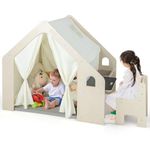 Costzon 6-in-1 Kids Tent, Large Wooden Frame Playhouse with Table and Chair Set, Blackboard, Storage Bag, Indoor Play Tent w/Curtains & Floor Mat, Ideal Gift for Boys Girls Aged 2-6 Years Old