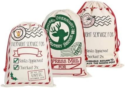 Santa Sack Canvas Bags for Christmas 3Pcs, 3 Patterns Personalized Santa Sacks for gifts with Drawstrings large Size 19.7 x 27.5 Inch (Beige cloth)