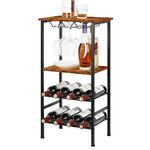 Free-Standing Wine Racks, 4-Tier Wine Holder Display Shelves, 8 Bottle Wine Storage Rack with Glass Holder, Wooden Table Top Wine Shelf, Industrial Bar Shelves for Kitchen, Cellar, Pantry, Brown