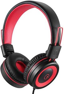noot products Kids Headphones with Microphone K12 Stereo 5ft Long Cord with 85dB/94dB Volume Limit Wired On-Ear Headset for iPad/Amazon Kindle,Fire/Toddler/Boys/Girls/School (Red Black)