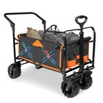 Taifa Foldable Collapsible Wagon Cart with Extra Push Pull Handle, Heavy Duty Portable Folding Beach Utility Grocery Wagon Cart with Big Wheels and Brakes for Sand, Camping, Shopping, Black and Orange