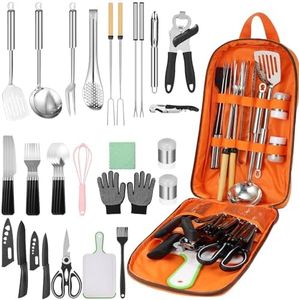 Hozzen Camping Cooking Utensil Set- 33 Pcs Camping Cookware Set, Car Camping Essentials Gear for Cooking and Grilling, Portable Camp Kitchen Set, Ideal Gift for RV Tent Camper, Picnics, BBQs, Parties