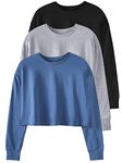 Cosy Pyro 3-Pack Womens Long Sleeve Crop Tops Athletic Casual Cropped Cotton Workout Sweatshirt with Thumb Hole Black/Gray/Navy M