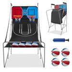 GYMAX Dual Shot Basketball Arcade Game for Home, Foldable Basketball Game w/ 8 Game Modes, Arcade Sound, Electronic Scoring, 4 Balls and Inflation Pump for All Ages Indoor Outdoor Fun (Red+Blue)