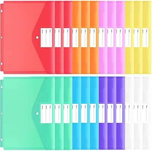 EOOUT 24pcs Binder Folders, Binder Pocket for 3 Ring, Binder Organizer File Folder, Letter Size, Snap Button Pouch with Label for School, Home and Office, 8 Colors