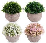 ilauke Artificial Potted Plants, 4PCS Mini Fake Flower and Grass in Round Pot, Small Faux Plastic Greenery for House & Office Decorations