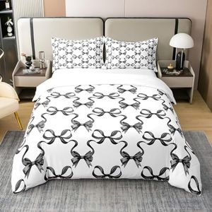 Manfei Black Bowknot 100% Cotton Duvet Cover(No Comforter),Princess Style Watercolor Bow-tie Bedding Set with 2 Pillowcases,Fairy Tale Bow Ribbon Crossed Black White Quilt Cover,King Size