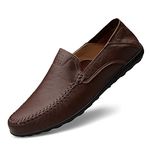 Men's Loafers Flat Breathable Casual Leather Moccasins Handmade Slip On Driving Business Shoes Dark Brown Size 10