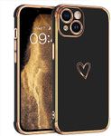 GUAGUA Case for iPhone 14 Luxury Electroplate Edge Bumper iPhone 14 Cases Cute Heart Pattern for Women Girls with Camera Protection & 4 Corners Shockproof Protection Phone Cover Black