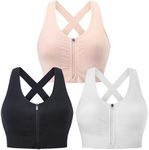 Evercute Zip Front Post-Surgery Bra Women's Wireless Sports Bras Padded Strappy Medium Support Yoga Exercise Athletic Bras, Black White Flesh 3 Pack, Large