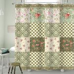 LIGHTINHOME Boho Floral Checkered Shower Curtain 60Wx72H Inches Retro Groovy Patchwork Green Pink Flowers Bohemian Vintage Botanical Cute Fabric Waterproof Polyester Bathroom Home Decor Set with Hooks