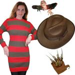 RARA® Womens Miss Freddy Krueger Sexy Secret Wishes Costume, Nightmare on Elm Street Ladies Hat, Jumper & Claw Gloves (Large/XL)