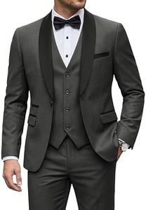 YND Men's 3 Piece Slim Fit Tuxedo Suit Set, One Button Shawl Collar Solid Business Blazer Jacket Vest Pants with Bow Tie, Deep Grey