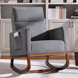 Yaheetech Rocking Chair, Upholstered Glider Chair with Side Pocket, Nursery Chair with High Backrest and Rubber Wood Legs, Rocking Accent Armchair for Living Room Bedroom Nursery, Gray