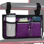 Wheelchair Side Bag, Wheelchair Armrest Storage Pouch with Cup Holder and Reflective Strip for Wheelchairs, Walkers or Rollators (Purple)