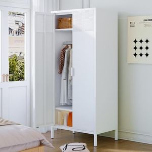 COFaR Metal Wardrobe Cabinet with Hanging Rod, 71 inches Tall Bedroom Armoire Wardrobe Closet for Home, Office, Garage, Laundry Room White