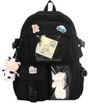 Kawaii Backpack with Cute Pins and Plush Pendant for Teen Girls School Large Capacity Waterproof School Bag Bookbag Backpacks (Black)