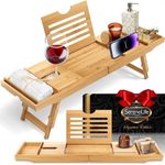 SereneLife Bath Caddy Breakfast Tray Combo with Gift Box-Natural Bamboo Wood Waterproof Bath Tub Caddy and Bed Tray with Folding Slide-Out Arms,Device Grooves,Wine Glass and Soap Holder