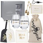 Engagement Gifts for Couples - Unique Bridal Shower Gift Box Wine Glasses Kit Mr & Mrs Ring Dish Honeymoon Luggage Tags for Him and Her - Personalized Wedding Gifts for Bride and Groom