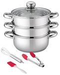 Double Boiler Two Handles & Steam Pots for Melting Chocolate, Candle Making Stainless Steel Steamer with Tempered Glass Lid for Clear View while Cooking, Dishwasher & Oven With 3 Cooking Utensils Set