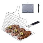 Fish Grilling Basket, Stainless Steel BBQ Grill Basket, Folding Portable Grill Basket with Removable Handle for Grilling Fishes, Vegetables, Shrimp with Basting Brush and Storage Bag