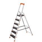 SONGMICS Step Ladder, 6-Step Folding Ladder with 12 cm Wide Steps, with Tool Tray and Anti-Slip Feet, Max. Static Load 150 kg, Black and Orange GLT06BK