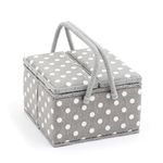 Hobby Gift Large Sewing Box Organiser Twin Lid with Handle - Cotton Basket Sewing Storage Box, Craft Storage Boxes with Compartments for Tools & Accessories - 25 x 25 x 17cm, Grey Polka Dot
