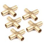 Othmro 5Pcs 1/2in 4 Way Hose Barb Fitting Equal Barbed Cross Shaped Brass Tubing Joint Splicer Mender Adapter Union for Oxygen Tubing Pipe Household Fuel Gas Liquid Air Gold