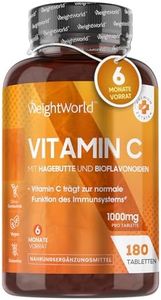 Vitamin C 1000mg - Für Immunsystem & Energie - 180 vegane Tabletten für 6 Monate - Vit C aus pflanzliche Fermentation - Ascorbinsäure mit Bioflavonoiden & Hagebutte - Magenfreundlich - Von WeightWorld
