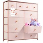 EnHomee Chest of Drawers Bedroom with 12 Drawers Pink Drawers for Girls Bedroom Tall Chest of Drawers Fabric Storage Drawer for Closet, Clothes, Living Room,Wood Top & Metal Frame,Pink