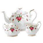 Royal Albert Modern Vintage NCRWTW25823 Teapot, Sugar, Cream 3 Piece Set, NCR, Bone China, 42 Ounces, Country Roses White