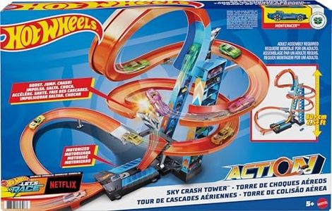 Hot Wheels Sky Crash Tower Track Set, 2 1/2+ ft / 83 cm High with Motorized Booster, Orange Track & 1 Hot Wheels Vehicle, Race Multiple Cars, Toy for Kids 5 to 10 Years Old & Up