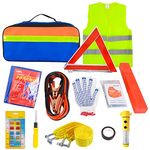 crayfomo 12-In-1 Car Emergency Tool Kits,European Roadside Assistance Car Breakdown Kit with Visibility Vest,Warning Triangle,Jumper Cables,Car Safety Hammer,Tow Rope,Storage Bag